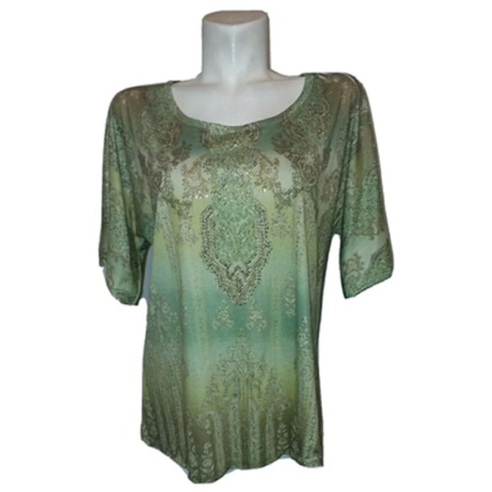 Jane Ashley Top Women's Sz L Green Embellished Paisley Print Short Sleeve Shirt